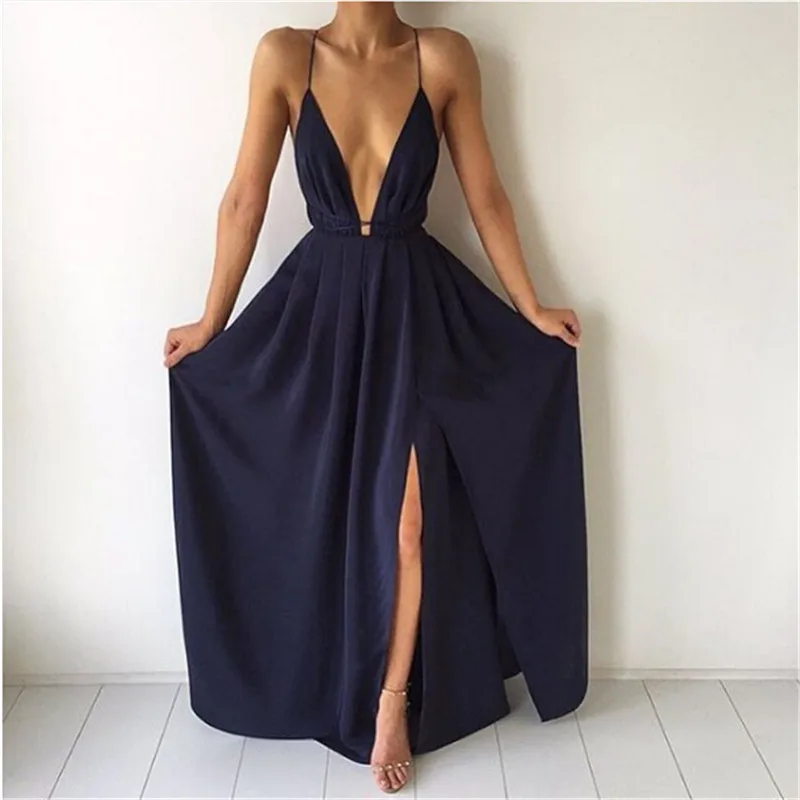 V-neck strap solid color evening dress new European and American evening dress feminine long dress
V-neck strap solid color evening dress new European and American evening dress feminine long dress