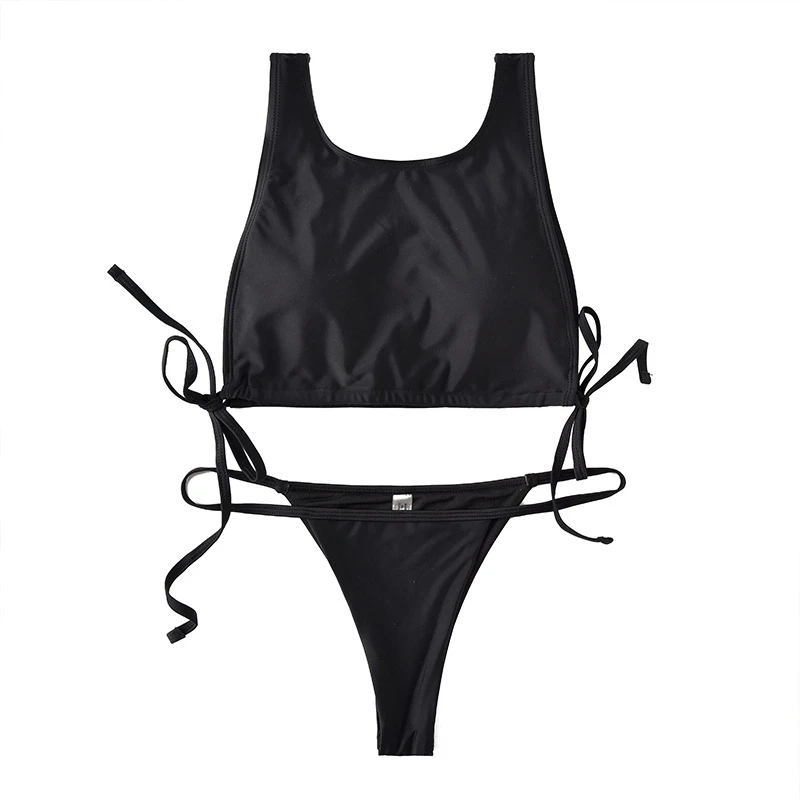 

Ready to Ship black high neck bikini crop top sport swimwear for women Criss-cross Rope Low Waist SwimSuit, Solid