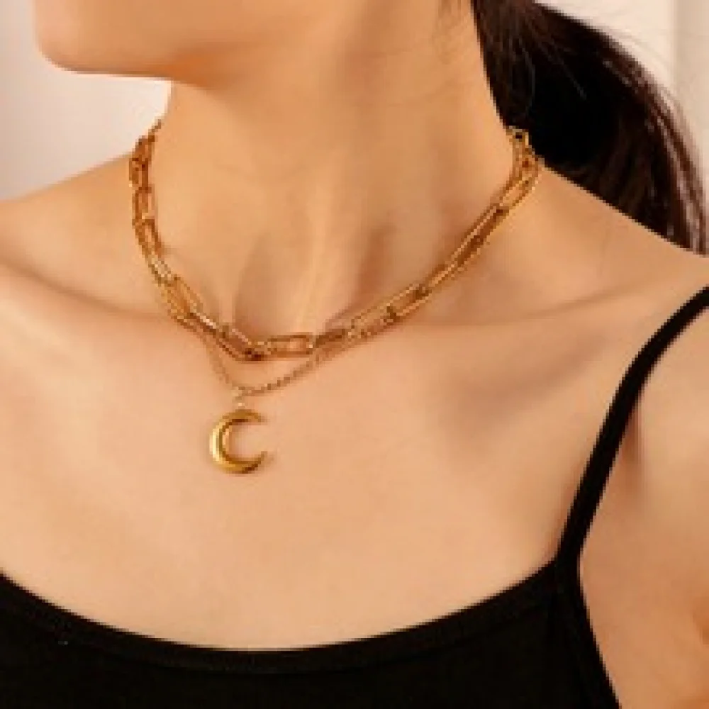 Fashion jewelry stainless steel two layer paperclip chain gold plated moon phase pendant necklace
Fashion jewelry stainless steel two layer paperclip chain gold plated moon phase pendant necklace
