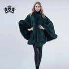 New Design Raccoon Fur Trim Cashmere Cape Poncho Pashmina Shawl With Fur Trim