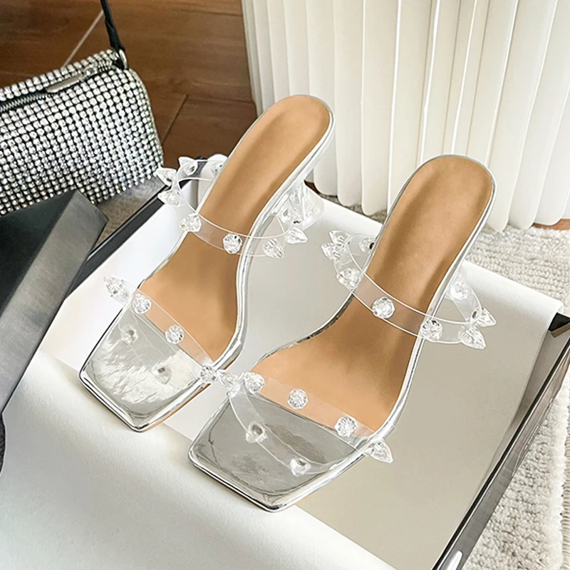 

New Rivet PVC Transparent Women Slippers Summer Fashion Clear Perspex Crystal Hollow Heel Square Toe Slides shoes