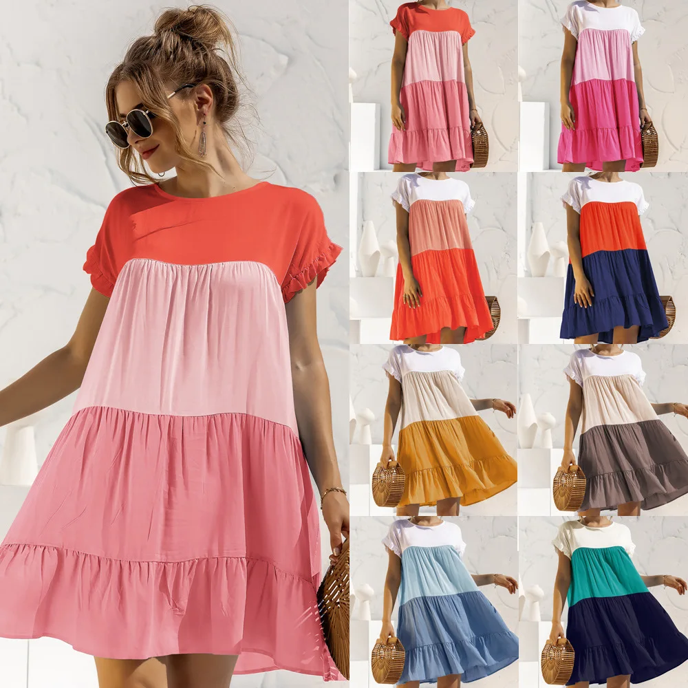 

Coldker Summer vintage mini casual dresses women 2021 Color block loose dress women Cut And Sew Ruffle Hem Smock dress vestido, Picture color