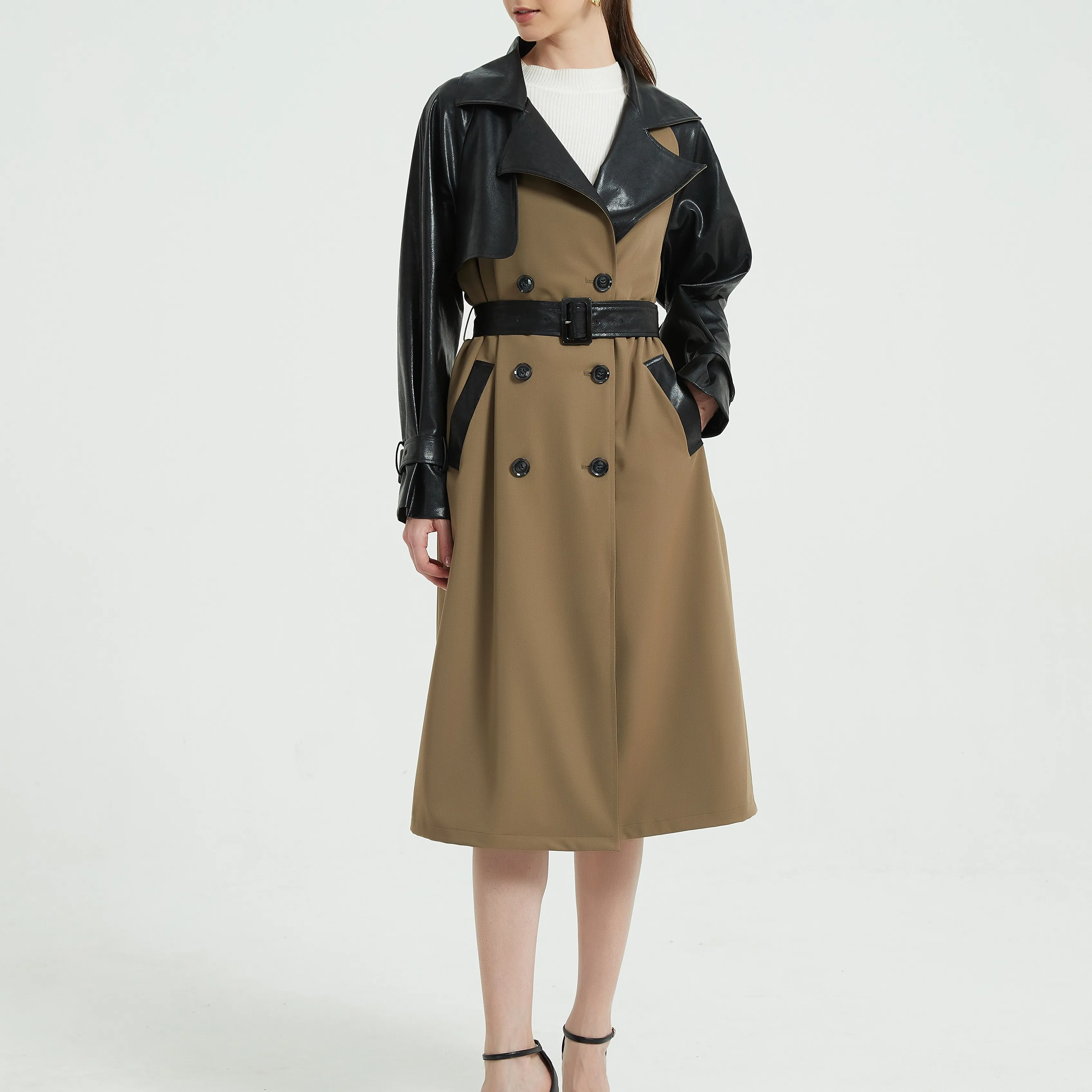 2021 Autumn Winter Fashion Double Breasted Trench Coat Fabric Stitching PU Irregular Trench Coat Women Long Blazer, One color
2021 Autumn Winter Fashion Double Breasted Trench Coat Fabric Stitching PU Irregular Trench Coat Women Long Blazer, One color