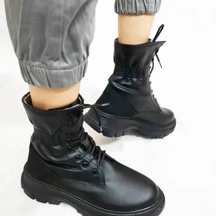 Autumn and winter new style large size foreign trade women's shoes casual style stitching lace-up low-heeled women's short boots, White black 
Autumn and winter new style large size foreign trade women's shoes casual style stitching lace-up low-heeled women's short boots, White black