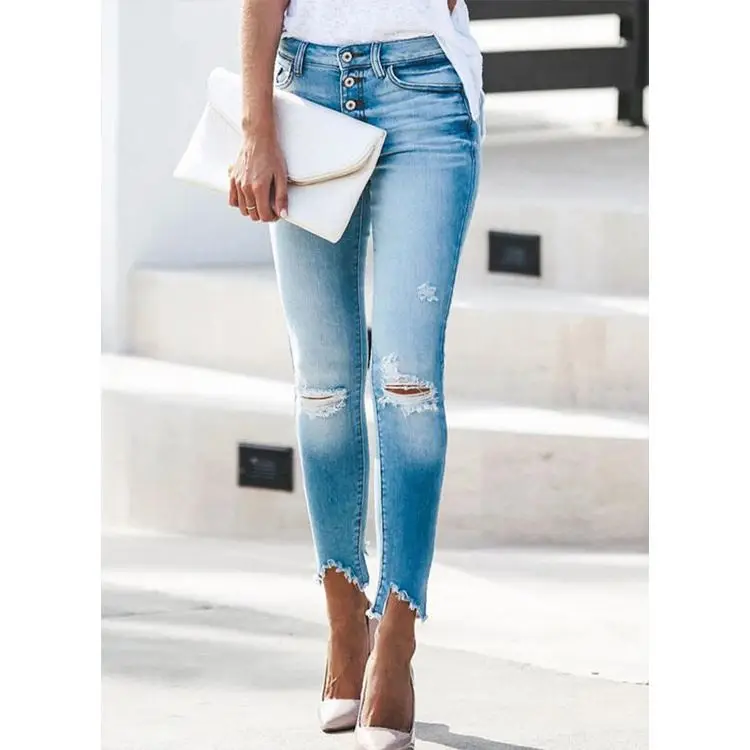 PEARL Ladies Jeans Hole Irregular Furred Hem Multi Button High Elasticity Slim Jeans Pant
PEARL Ladies Jeans Hole Irregular Furred Hem Multi Button High Elasticity Slim Jeans Pant