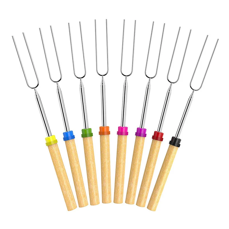 

New Design Extendable Stretch Stainless Steel Barbecue Fork 8 Color Wood Handle Marshmallow Roasting BBQ Sticks, 8 colors accept customized color