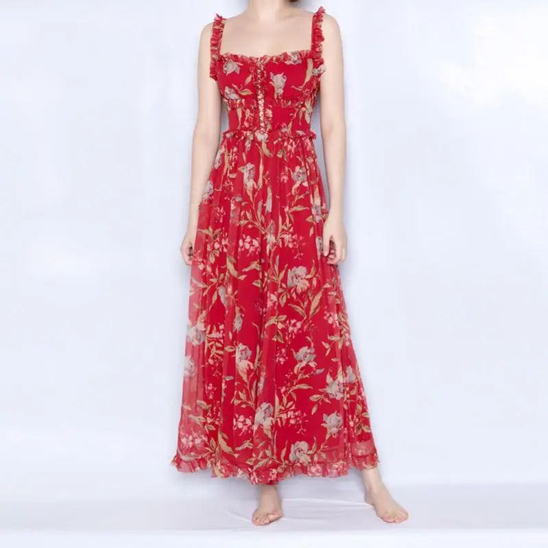 Últimos diseños Cuadrado barra cuello rojo floral playa correas de seda Floral impresión rojo trajes Sexy vestido pantalones para mujeres