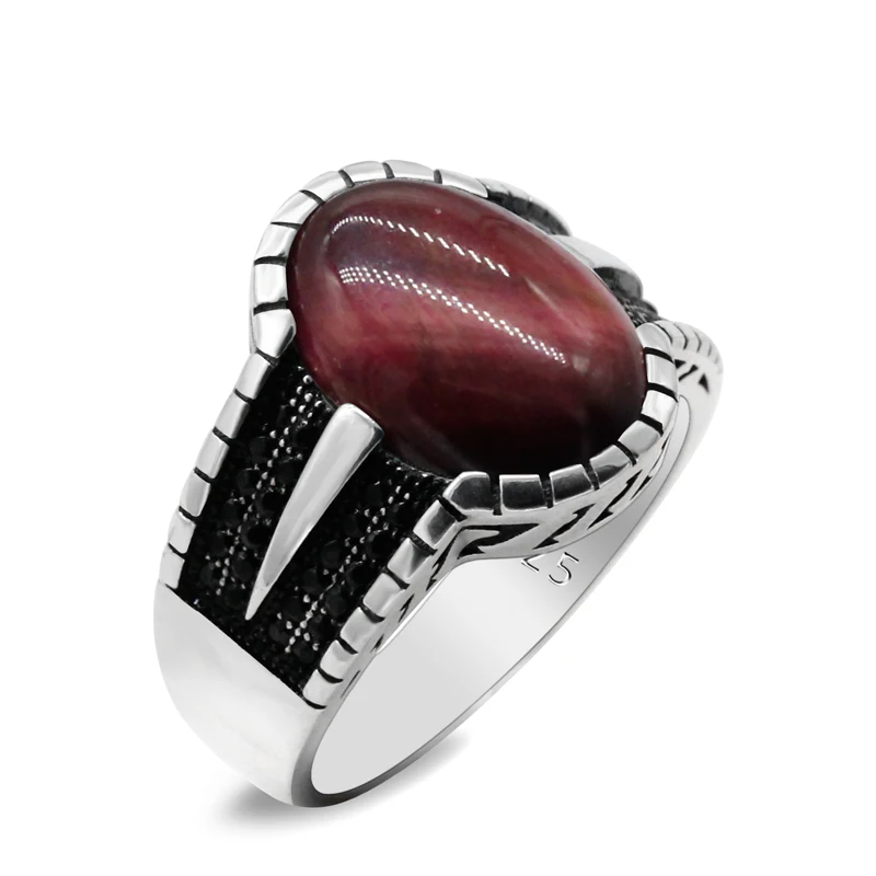 

S925 Sterling Silver Ring Inlaid Natural Red Tiger Eye Men's Ring Fashion Jewelry Turkey Retro Style Ring Gift