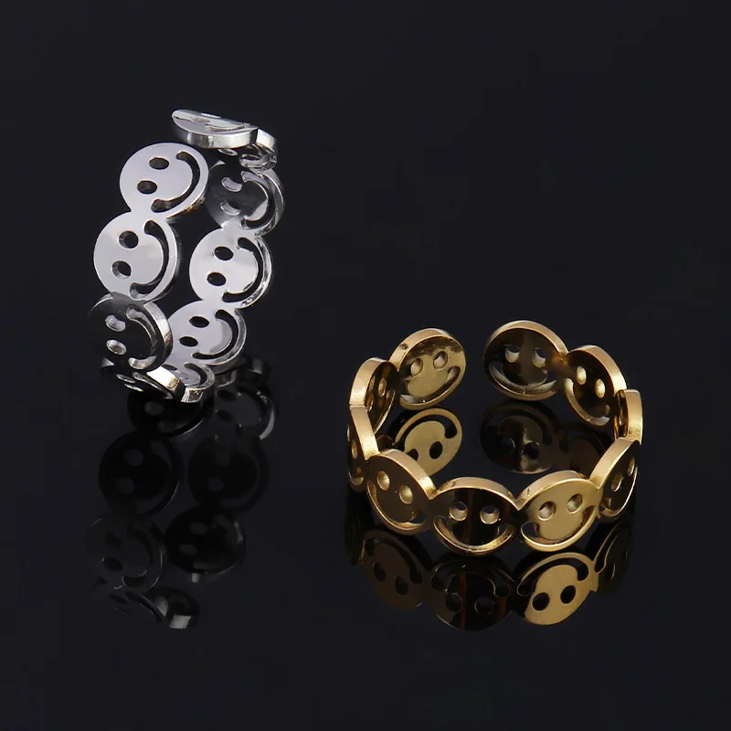 Wholesale Custom Women 18k Gold Plated Stainless Steel Jewelry Adjustable Size Self Love Cute Happy Smile Smiley Face Ring
Wholesale Custom Women 18k Gold Plated Stainless Steel Jewelry Adjustable Size Self Love Cute Happy Smile Smiley Face Ring