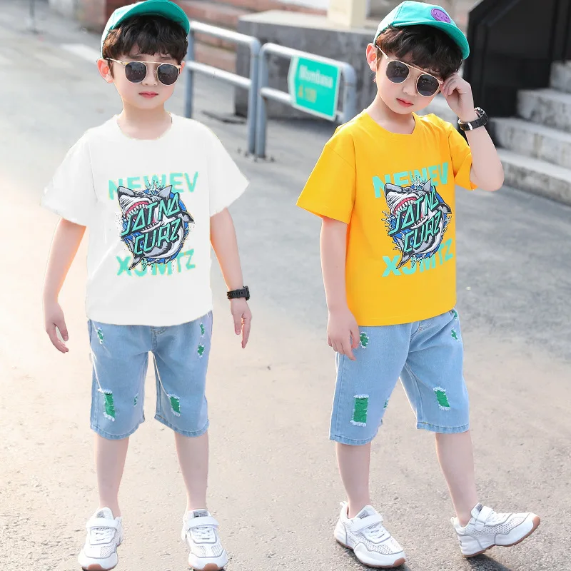 New style summer boys animal printing short sleeve O neck T shirt and jeans shorts 2 pieces clothing set for kids, Picture shows
New style summer boys animal printing short sleeve O neck T shirt and jeans shorts 2 pieces clothing set for kids, Picture shows