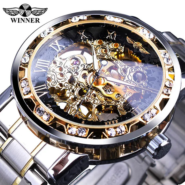 

Winner Men Top Brand Luxury Transparent Fashion Diamond Luminous Gear Movement Royal Design Male Mechanical Skeleton Wrist Watch, 5-colors