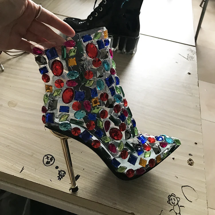 定制奢华女钻石透明花式凉鞋鞋女士水晶靴子透明凉鞋与水钻