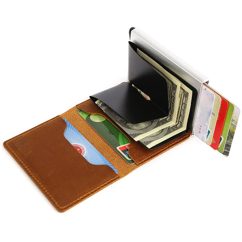 Newest Design Bank Card Set RFID Aluminum Alloy Automatic Card Box Crazy Horse Leather Business Man Retro Wallet
Newest Design Bank Card Set RFID Aluminum Alloy Automatic Card Box Crazy Horse Leather Business Man Retro Wallet