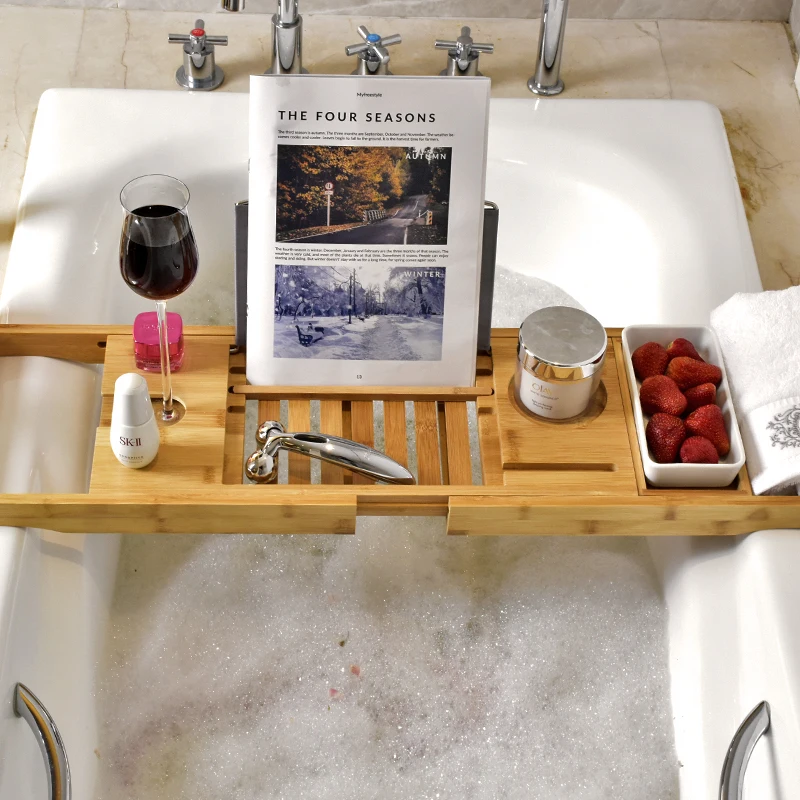 Bathroom Removable Boards Bamboo Bath Organizer Bathtub Caddy Tray with Wine Glass Holder, Natural bamboo color
Bathroom Removable Boards Bamboo Bath Organizer Bathtub Caddy Tray with Wine Glass Holder, Natural bamboo color