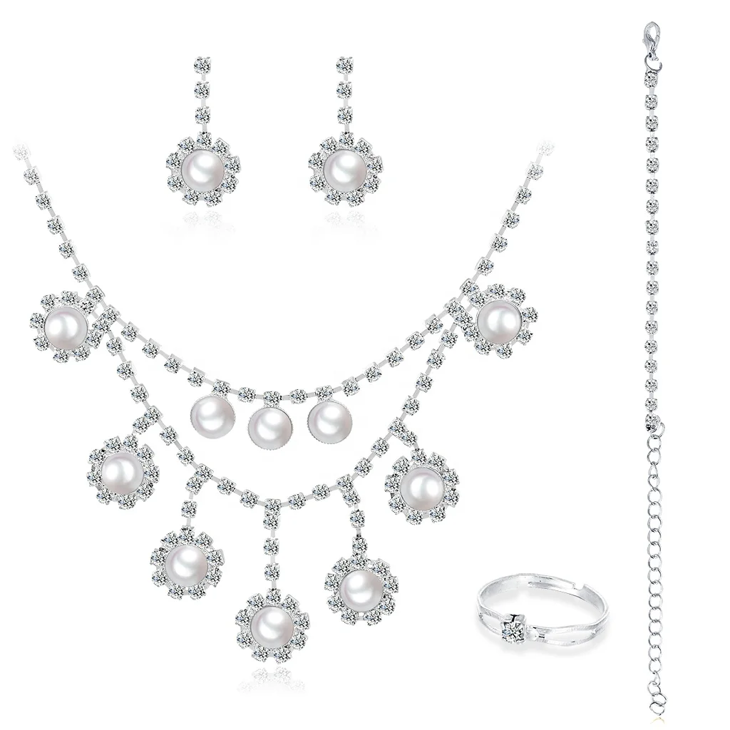 High-end and Luxury Wedding Jewelry Pearl Rhinestone Necklace Earrings Ring Jewelry Set, Shown
High-end and Luxury Wedding Jewelry Pearl Rhinestone Necklace Earrings Ring Jewelry Set, Shown