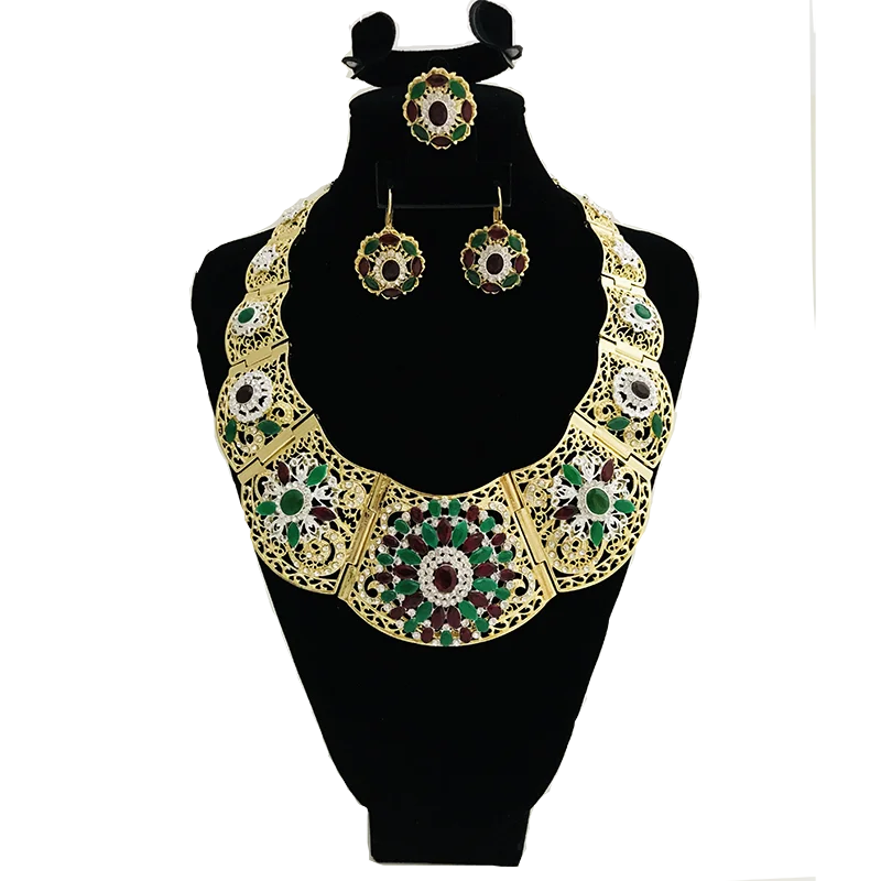 Luxury selling good wedding Party jewelry set gold color crystal necklace earring ring for women Arab Muslim dress jewelry three, Gold and silver 
Luxury selling good wedding Party jewelry set gold color crystal necklace earring ring for women Arab Muslim dress jewelry three, Gold and silver