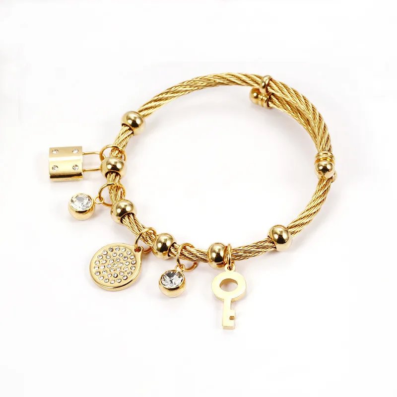 Fashion Jewelry Zircon Key Lock Pendant Bracelets Gold Plated Stainless Steel Zirconia Round Pendant Charm Bracelet For Girl
Fashion Jewelry Zircon Key Lock Pendant Bracelets Gold Plated Stainless Steel Zirconia Round Pendant Charm Bracelet For Girl