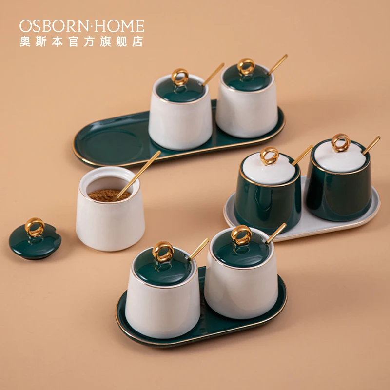 

OSBORN Middle east ceramic porcelain condiment jar spice container salt shaker with lids spoon tray, Picture