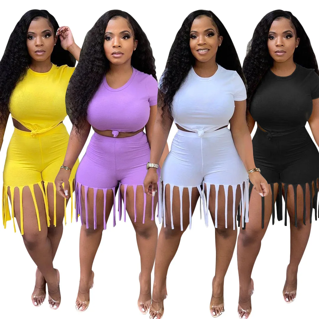 S390115 women's clothing summer solid color short-sleeved T-shirt tassel shorts suit casual sports two-piece set
S390115 women's clothing summer solid color short-sleeved T-shirt tassel shorts suit casual sports two-piece set