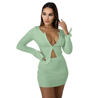 

8100 Hot sale women cotton suits zipper tops with skirts suits women 2 pieces suits Kylie jenner ribbed
