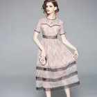 2019 summer fashion round collar short sleeve pink patchwork long pattern lady lace dress