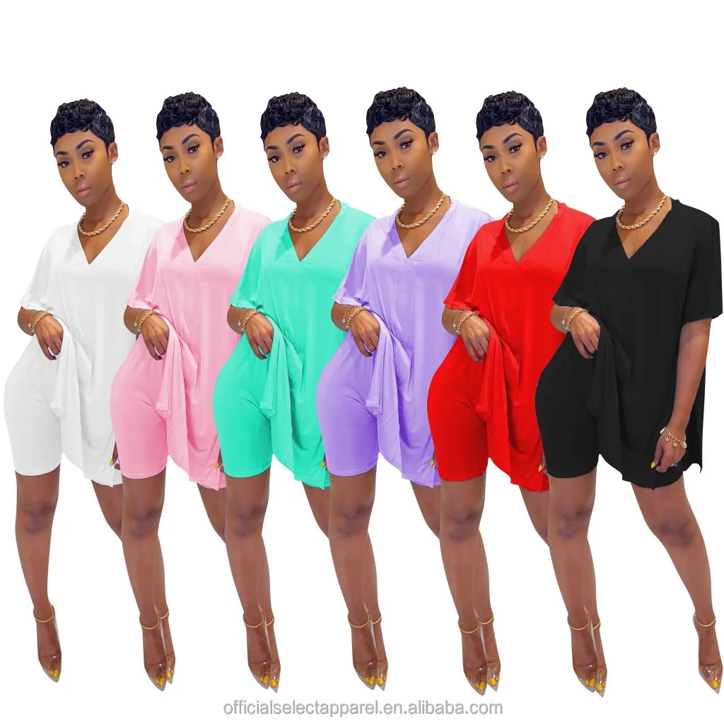 2021 summer new large casual V-neck loose women's bat sleeve short sleeve split T-shirt shorts sports two piece set
2021 summer new large casual V-neck loose women's bat sleeve short sleeve split T-shirt shorts sports two piece set