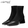 Women Girls Mid Heel Boots - Black Thigh High Stretchy Fabric Boots Mid Heel Calf High Ankle Boots Spring Autumn Winter