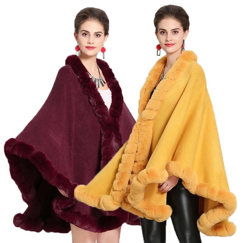 

2021 Fashion Trend Poncho Winter Shawl Women Elegant Artificial wool coat with fox fur cloak coat