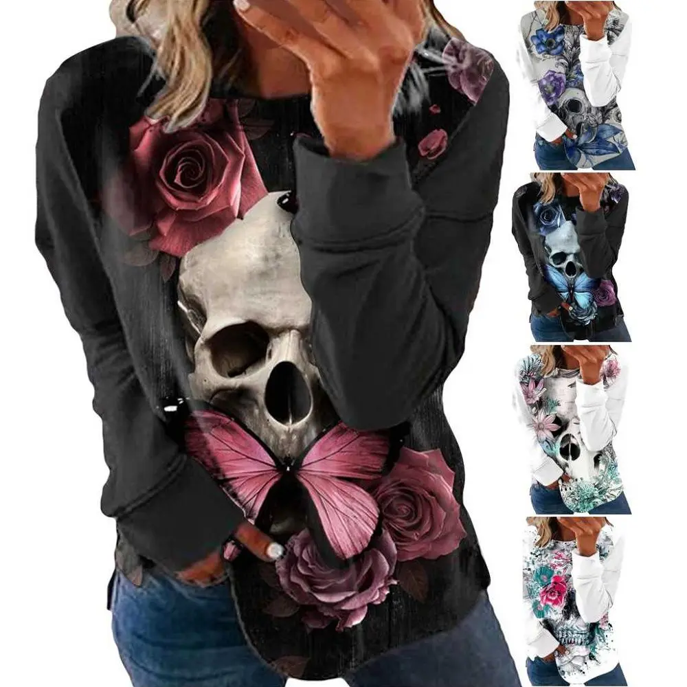 CR132 woman's oversized skull rose print graphic t-shirt boutique halloween tshirts holloween t shirts for women, Customized color
CR132 woman's oversized skull rose print graphic t-shirt boutique halloween tshirts holloween t shirts for women, Customized color