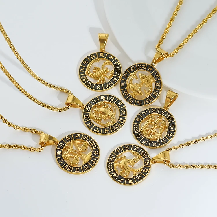 18K gold plated relief stainless steel zodiac coin sign necklace pendants, Picture
18K gold plated relief stainless steel zodiac coin sign necklace pendants, Picture
