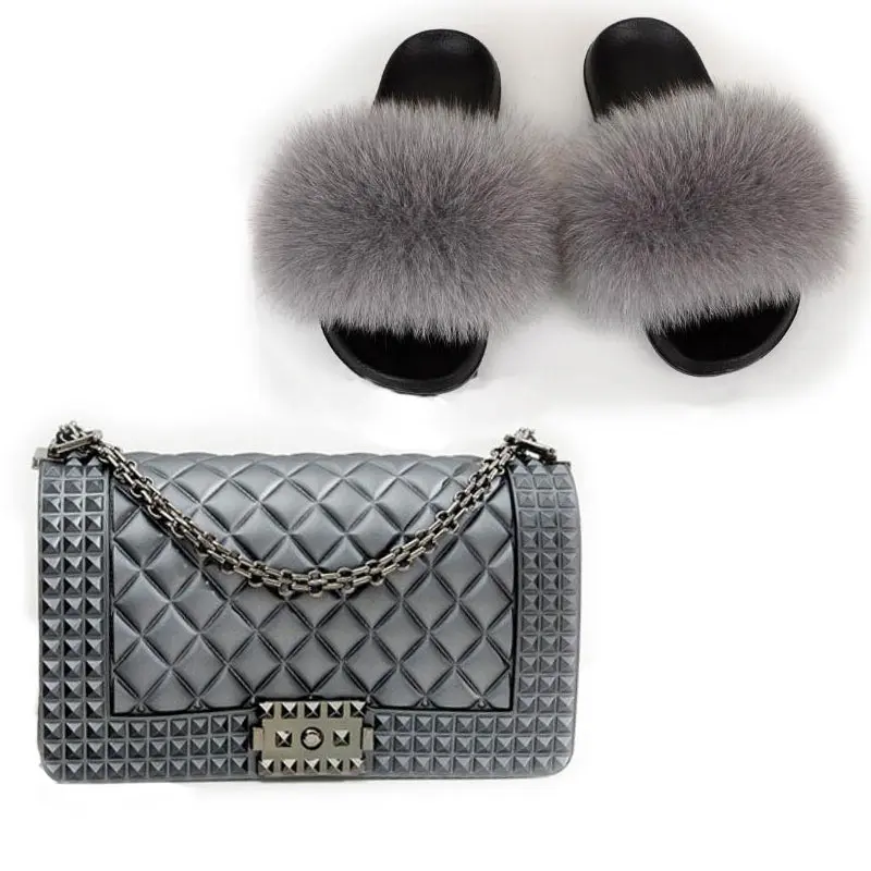 PVC Matte Jelly Purse with Colorful Fluffy Real Raccoon Fox Fur Sandals Slides Set for Women
PVC Matte Jelly Purse with Colorful Fluffy Real Raccoon Fox Fur Sandals Slides Set for Women