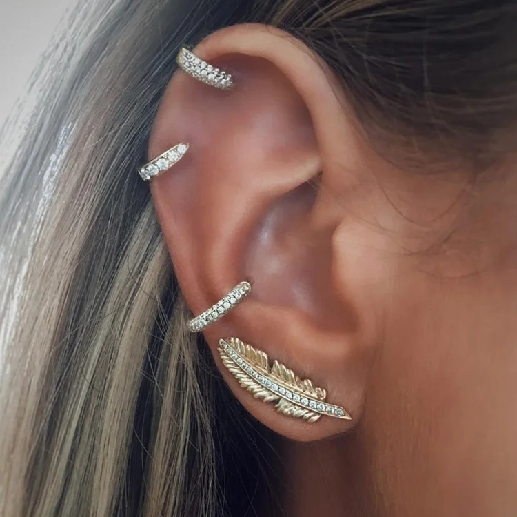 New no piercing cuff earrings jewelry set rhinestone gold feather earrings, Gold color
New no piercing cuff earrings jewelry set rhinestone gold feather earrings, Gold color