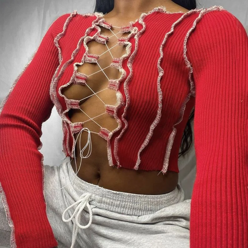 X01315C Patchwork Lace Up Long Sleeve Crop Tops Women Ribbed Sexy Party Knitwear T-Shirt Hollow Out Bodycon Club Tie Front Top, Black
X01315C Patchwork Lace Up Long Sleeve Crop Tops Women Ribbed Sexy Party Knitwear T-Shirt Hollow Out Bodycon Club Tie Front Top, Black