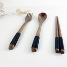 1 Set Wooden Flatware Tableware Cutlery Set Travel Utensils Tied Line Reusable Flatware, Wooden Fork Spoon Chopsticks