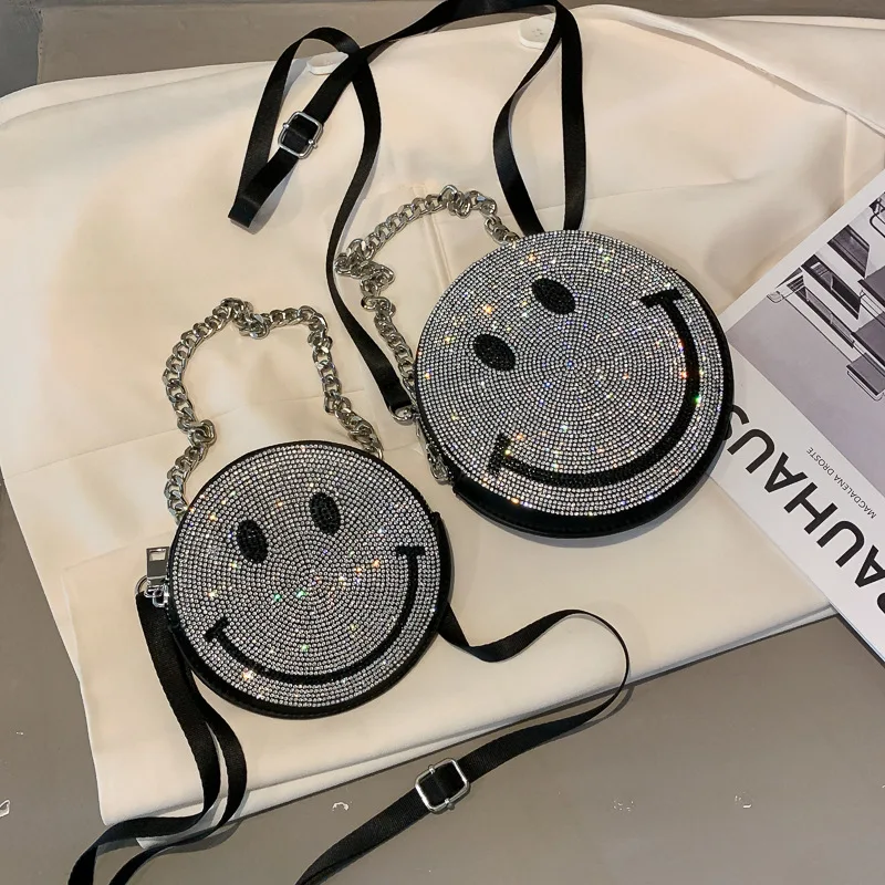 Rhinestone Shoulder Ladies Purse round flap shape smile face small girl fashion bags diamond handbag, As shown in the picture or customized
Rhinestone Shoulder Ladies Purse round flap shape smile face small girl fashion bags diamond handbag, As shown in the picture or customized
