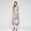 Oversized Printed Button Maxi Turn-down Collar geometric print pleated ladies blouse Casual loose women National style dress