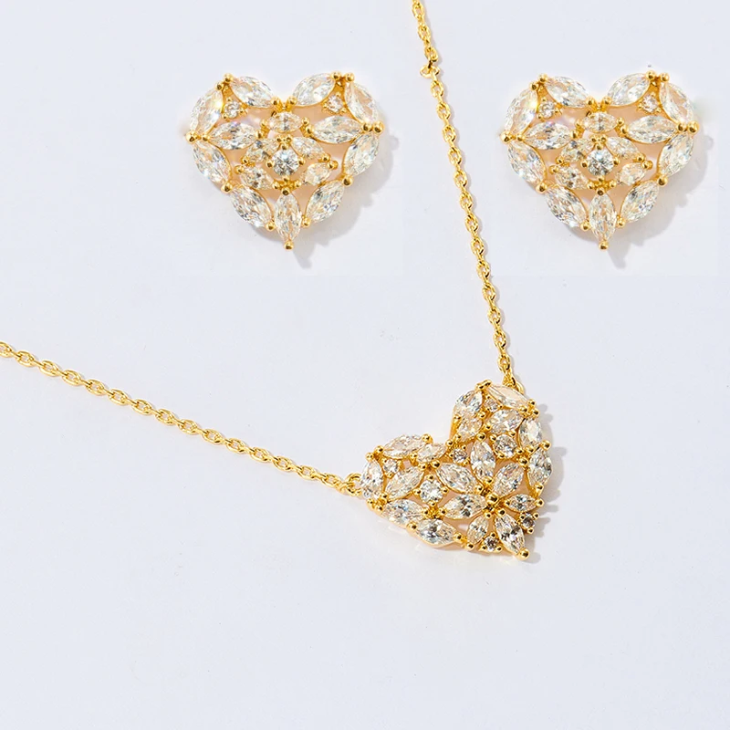 

AAA Heart Pendant Necklace Earrings Graceful Women 18k Gold Plated Heart Cubic Zirconia Jewelry Set, Picture shows