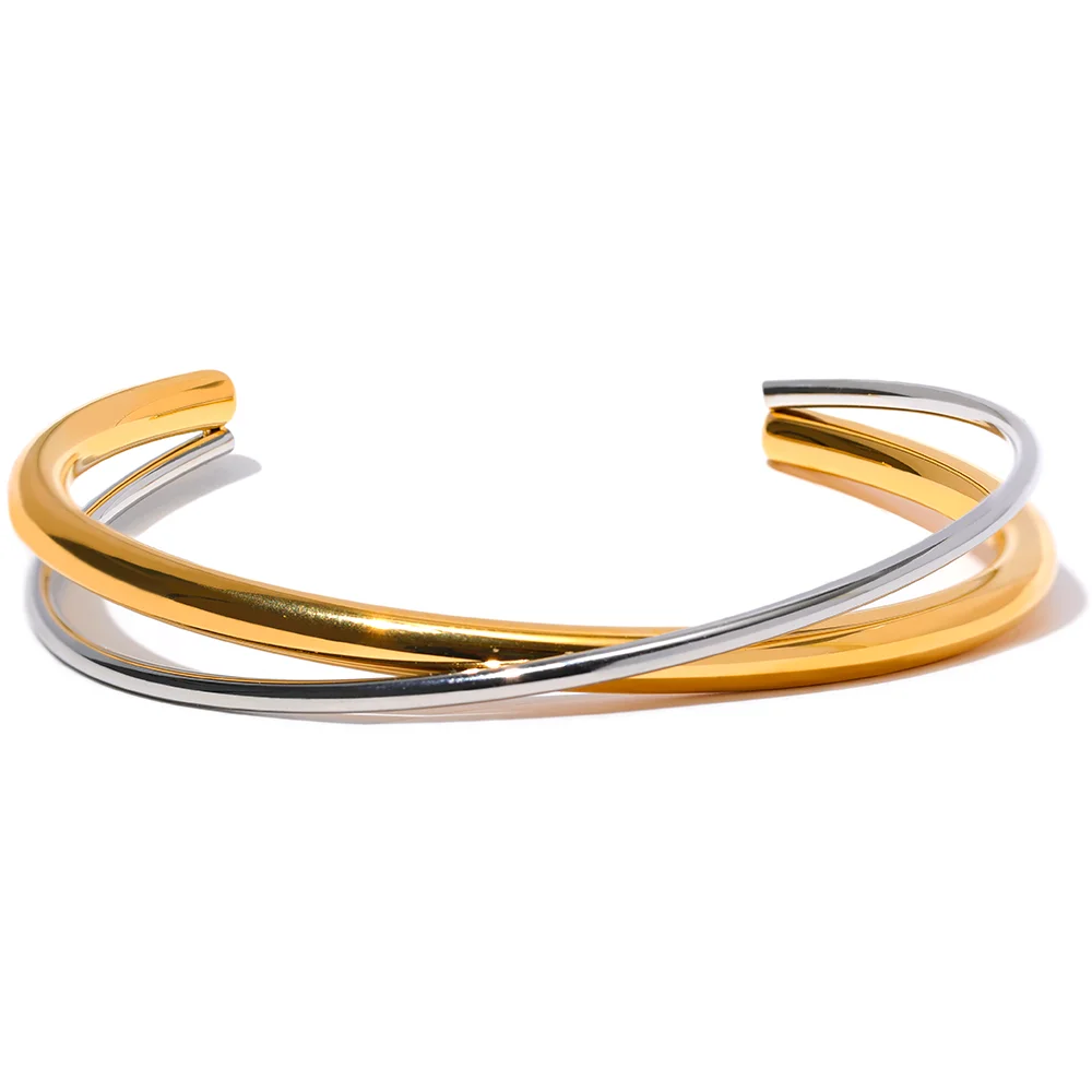 

JINYOU 1632 Waterproof 18K Gold Plated Geometric Stainless Steel Double Color Cuff Bracelet Bangle Statement Texture Jewelry