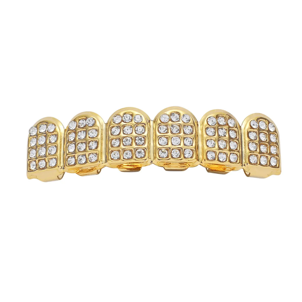 

Best Selling Real Gold Plated Iced Out Crystal Teeth Grillz Luxury CZ Top Bottom Vampire Fangs Teeth Grillz For Rappers
