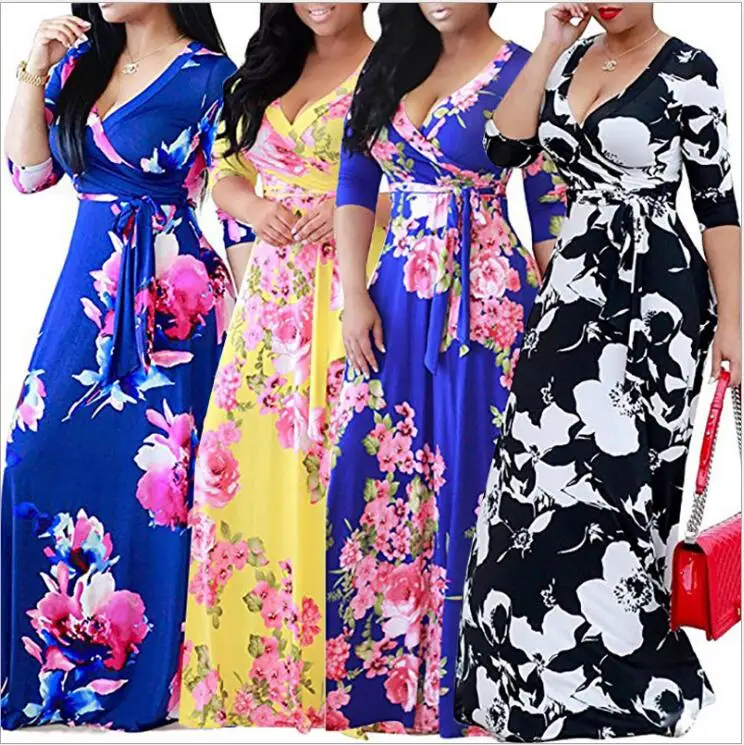 Plus Size Summer Sexy Deep V Neck Flower Print Casual Maxi Dress Women Holiday Long Dresses with Belt 
Plus Size Summer Sexy Deep V Neck Flower Print Casual Maxi Dress Women Holiday Long Dresses with Belt