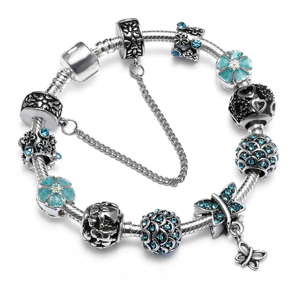 2020 Bohemian DIY Silver Snake Chain Light Blue Flower Heart Charm Bangles Bracelet Crystal Butterfly Charm Bracelet, As pictures
2020 Bohemian DIY Silver Snake Chain Light Blue Flower Heart Charm Bangles Bracelet Crystal Butterfly Charm Bracelet, As pictures