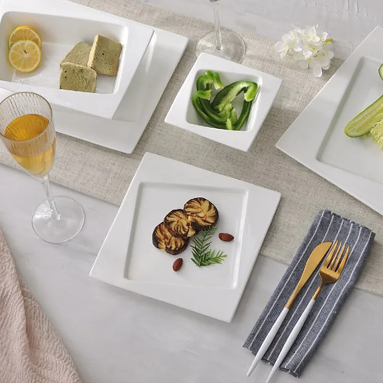 guangzhou factory wholesale elegant catering plates set hotel Ceramic bone china restaurant square dinnerware