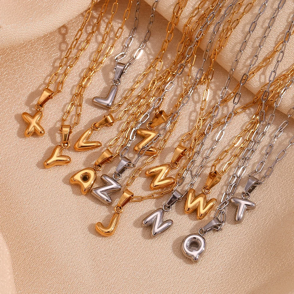 Trendy Wholesale Custom Waterproof 18K Gold Plated Stainless Steel Necklace Alphabet Bubble Initial Letter Necklace for Women
Trendy Wholesale Custom Waterproof 18K Gold Plated Stainless Steel Necklace Alphabet Bubble Initial Letter Necklace for Women