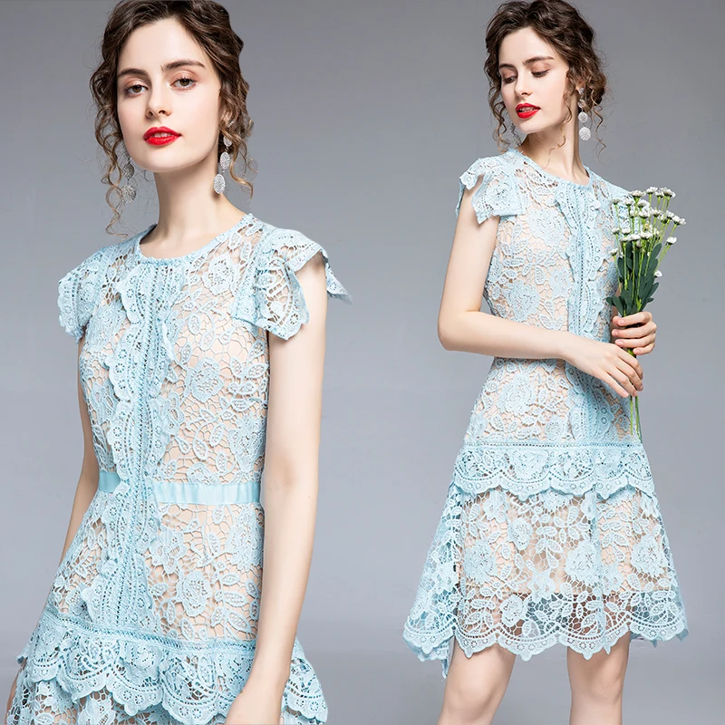 New design summer 2021 fashion water-soluble lace irregular flying sleeve slimming best selling women clothing a line dress, Blue
New design summer 2021 fashion water-soluble lace irregular flying sleeve slimming best selling women clothing a line dress, Blue
