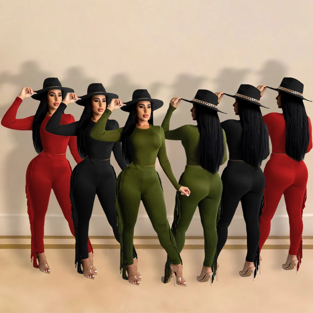 Autumn Women Clothing Skinny Long Sleeve Crop Top Tassel Pants Set 2 Piece Set, Black, red, green
Autumn Women Clothing Skinny Long Sleeve Crop Top Tassel Pants Set 2 Piece Set, Black, red, green
