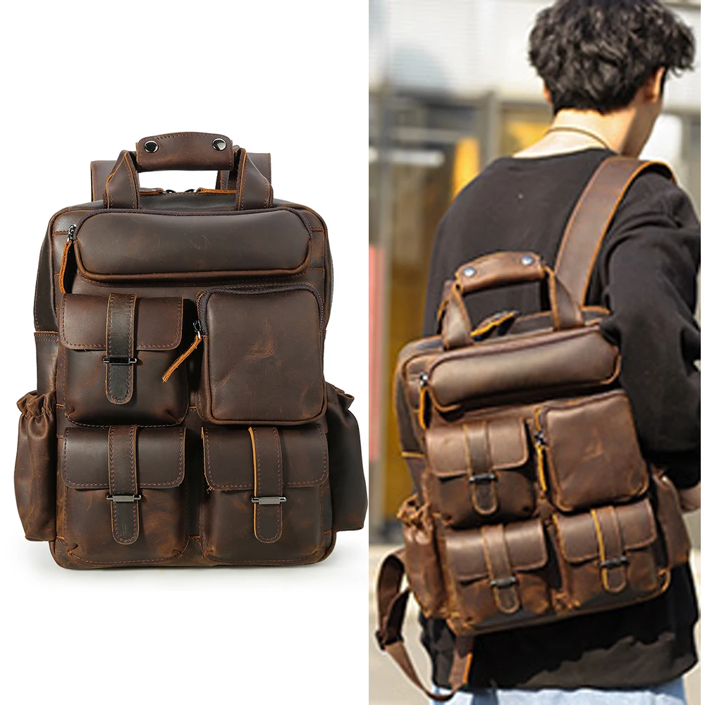 

Tiding New Arrival Men Retro Custom Backpack In Stock Real Genuine Leather 14 inch Laptop Crazy Horse Leather Back Pack for Men