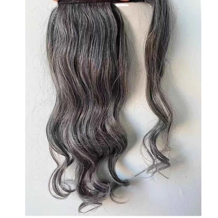 

Long grey ponytail clip in silver grey wet wavy human hair ponytail hairpiece wraps knowledge woman ponytail extension 120g 1pcs