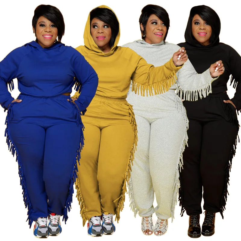 Pure color crop top Hooded loose tassel fashion street plus size women's two piece pants set, Picture
Pure color crop top Hooded loose tassel fashion street plus size women's two piece pants set, Picture