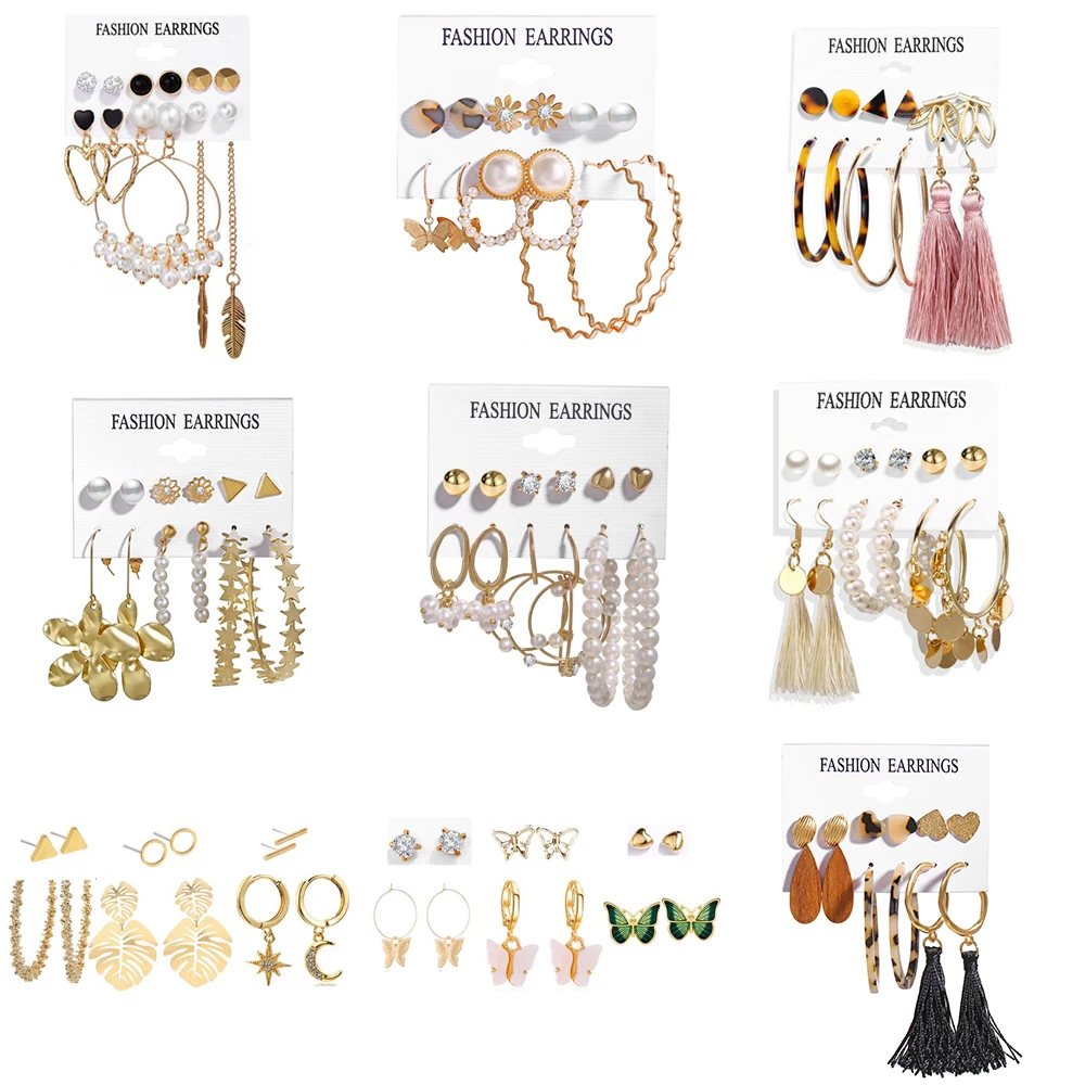 

2020 Fashion Trendy Earring Set Popular Jewelry Mixed Designs Pin Post Hoop Earrings Set Resin Pearl Tassel Designs for Women