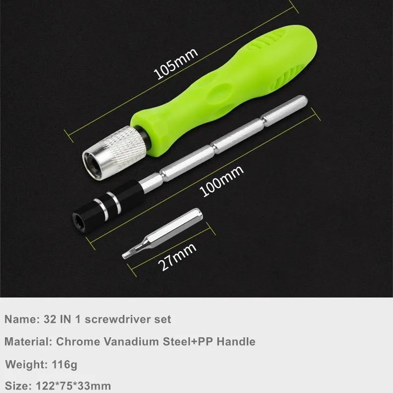 32 in 1 Travel Portable Interchangeable Insulated Pocket Screwdriver Tools Gadgets Set for Phone, Glasses, Green